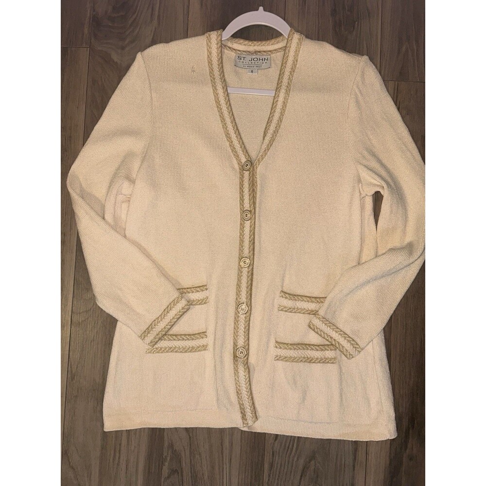 St. John Santana Knit Cream W/Gold Trim, Button Up Cardigan 6